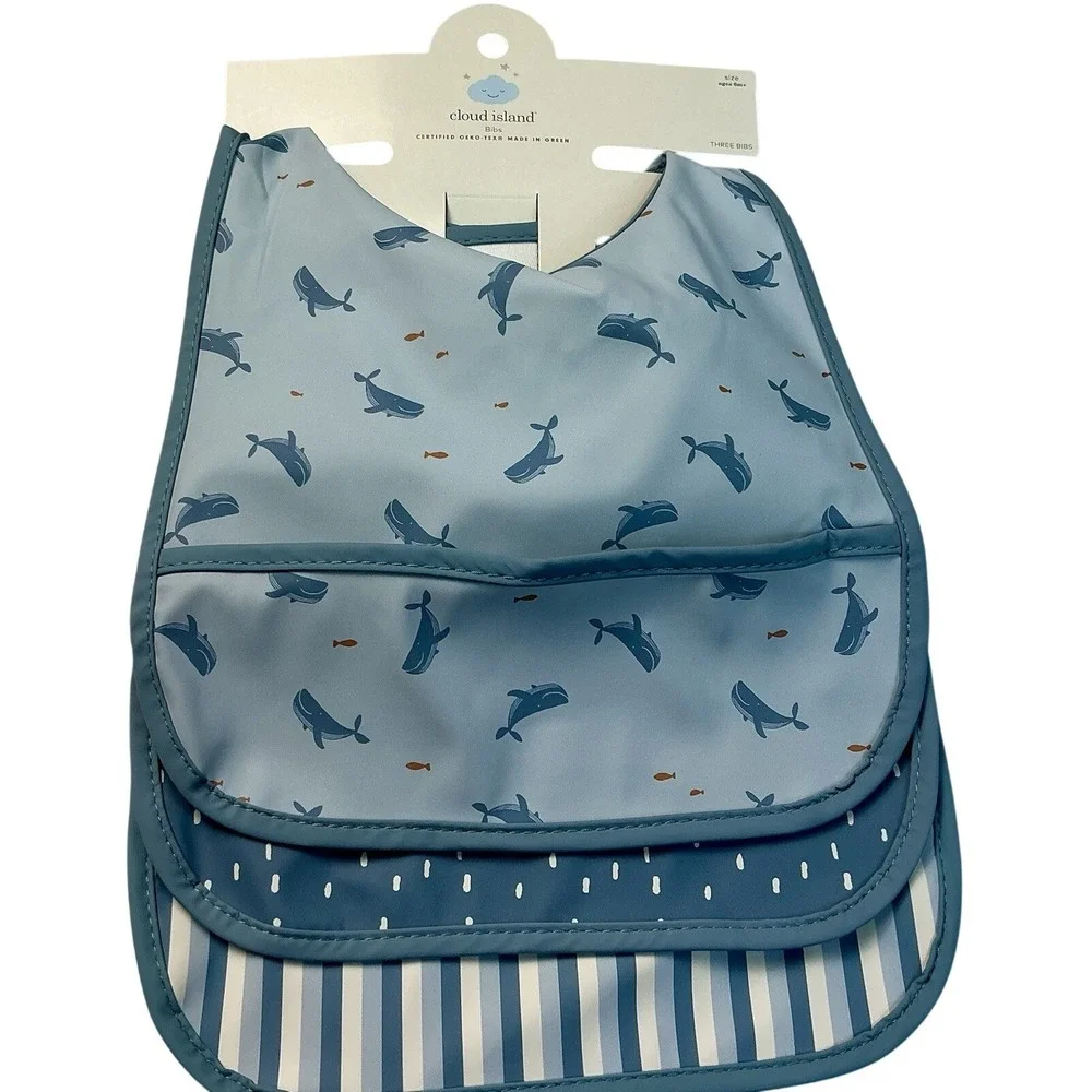 Cloud Island Baby Bibs 3 Pack Blue Whale Stripe Waterproof Recycled Polyester